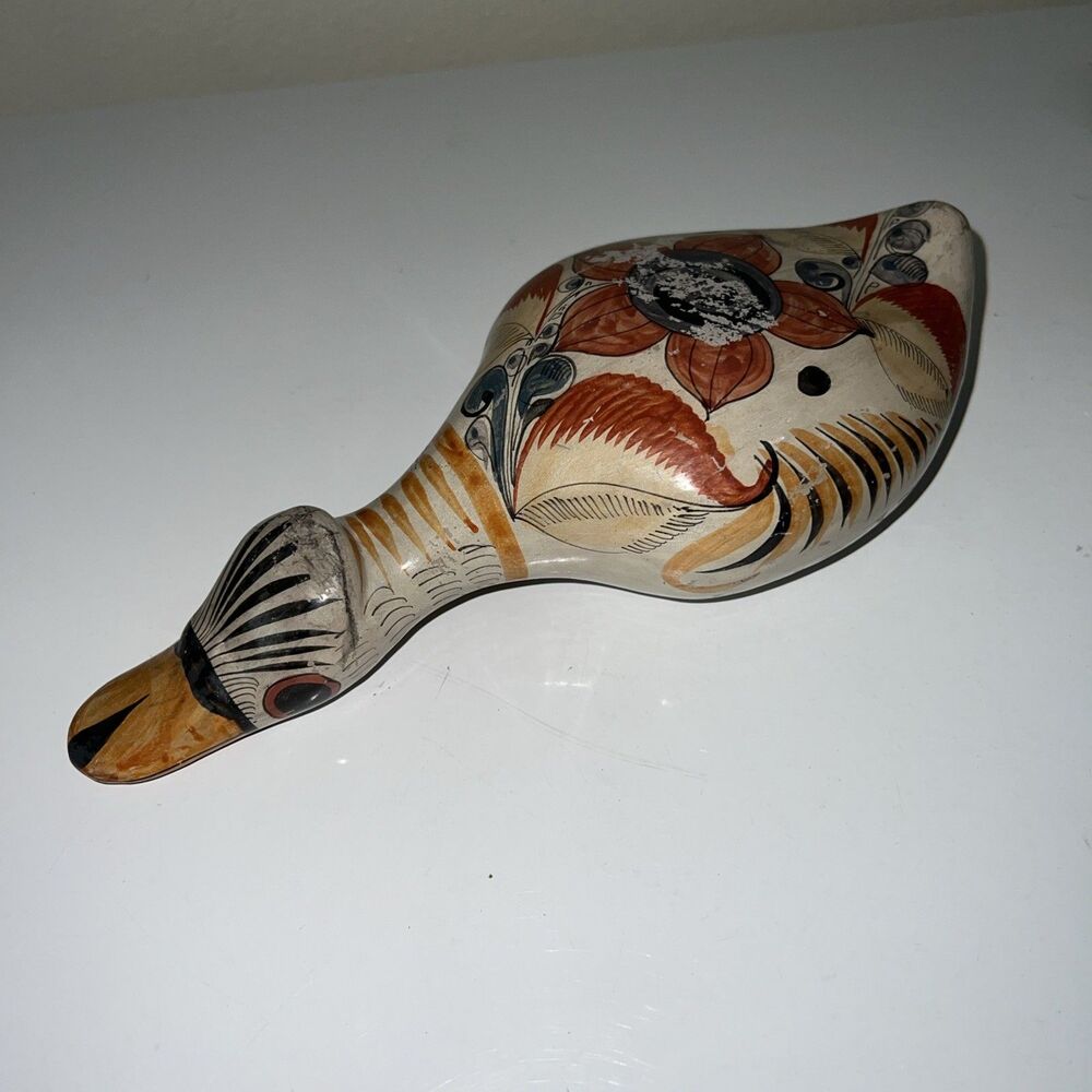 Vintage Mexican Tonola Pottery Hand Painted Floral Duck Bird Mexico